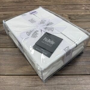 PiuBelle Portugal QUEEN 4 PC Sheet Set White With Black Stitch 100%Cotton NEW
